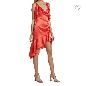 Cinq A Sept Petunya ruffled silk wrap dress in ‘neon coral’